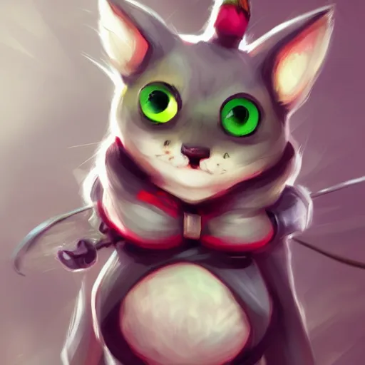 Image similar to grey american shorthair cat as teemo from league of legends, digital painting, artwork by ross tran