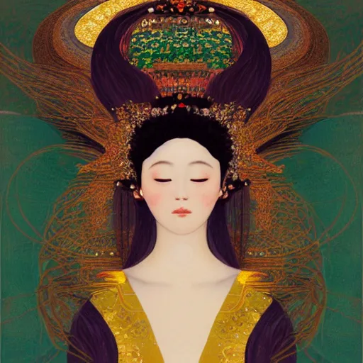 Prompt: a portrait of a very beautiful goddess with halo behind her head, in the style of WLOP and Hsiao-Ron Cheng and Gustav Klimt