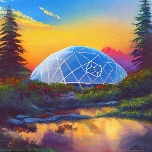 Image similar to several dreamy geodesic domes in a beautiful alpine environment at sunset, expressive oil painting