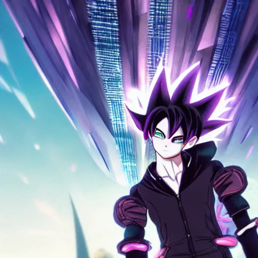 Prompt: 1 7 - year - old black haired anime goth girl wearing gothic jacket, spiky hair, super saiyan aura, floating above roof, futuristic city in background, 2 0 0 1 anime, subsurface scattering, intricate details, art by toei, art by studio gainax, studio trigger art