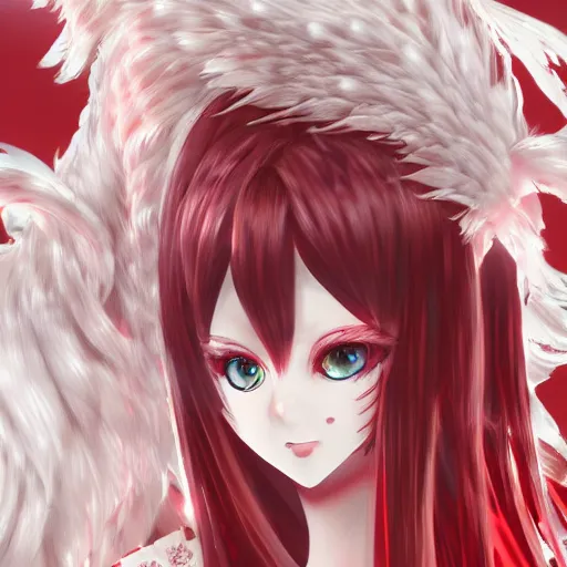 Image similar to kitsune woman nekomimi fancy haircut, full body, intrincate, red and white, gliter, depth of field, 8k, hyper detailed, trending on artstation