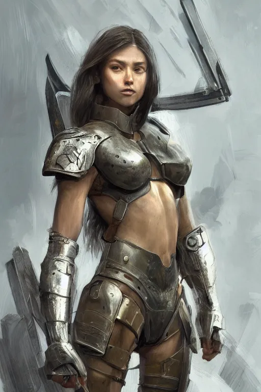 Image similar to a photorealistic painting of an attractive young girl, partially clothed in battle armor, olive skin, long dark hair, beautiful bone structure, symmetrical facial features, intricate, elegant, digital painting, concept art, illustration, sharp focus, minimal artifacts, from Metal Gear, in the style of Ruan Jia and Mandy Jurgens and Greg Rutkowski, trending on Artstation, award winning