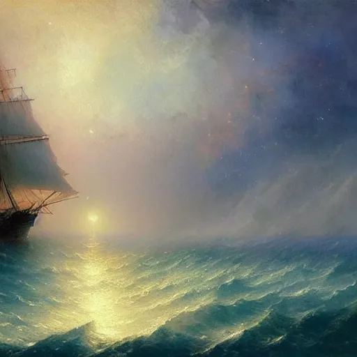 Image similar to sailing ship, cosmic nebula!!!!!!!!!!!!!, artstation, by andrea rocha, by ivan aivazovsky, by john harris, impressionism, watercolor, dramatic scenery, hdr