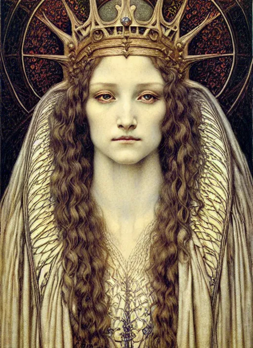 Image similar to detailed realistic beautiful young medieval queen face portrait by jean delville, gustave dore and marco mazzoni, art nouveau, symbolist, visionary, gothic, pre - raphaelite. horizontal symmetry