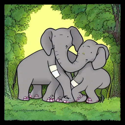 Image similar to cute cartoon mama elephant hugging baby elephant in the Indian jungle, Ghibli