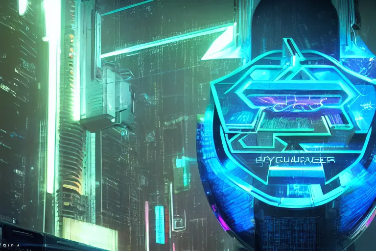 Image similar to cyberpunk holographic logo, futuristic, in the style of Pixar animation, low angle view, 16mm lens, award winning, hyper detailed, dramatic lighting, artstation, octane renderer, unreal engine