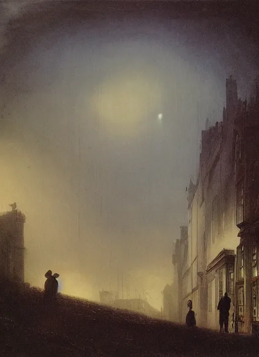 Image similar to 1 9 th century london, shady alleys, pub, thick fog, art by caspar david friedrich, thomas lawrence, john martin