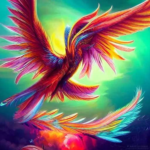 Prompt: cute flying chinese phoenix, sparkling bird eyes, embers in her bird eyes, shining rainbow feathers, sharp features, flowing fiery multicolor feathers, highly detailed, digital painting, artstation, concept art, smooth, sharp focus, beautiful rainbow feathers, expressive eyes, illustration, phoenix art by Artgerm and greg rutkowski