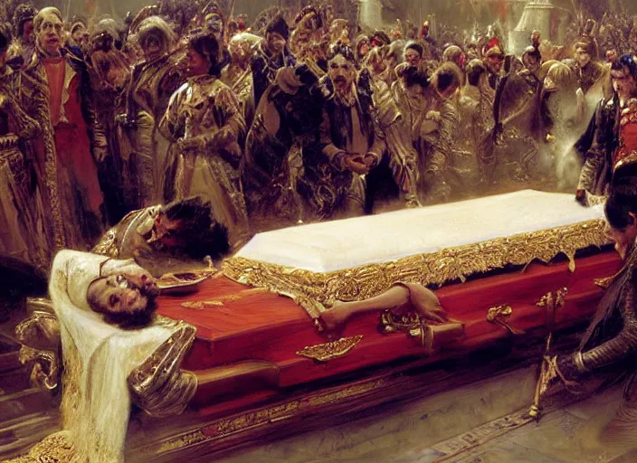 Image similar to the king's funeral, the king dead in the coffin, highly detailed painting by gaston bussiere, craig mullins, j. c. leyendecker