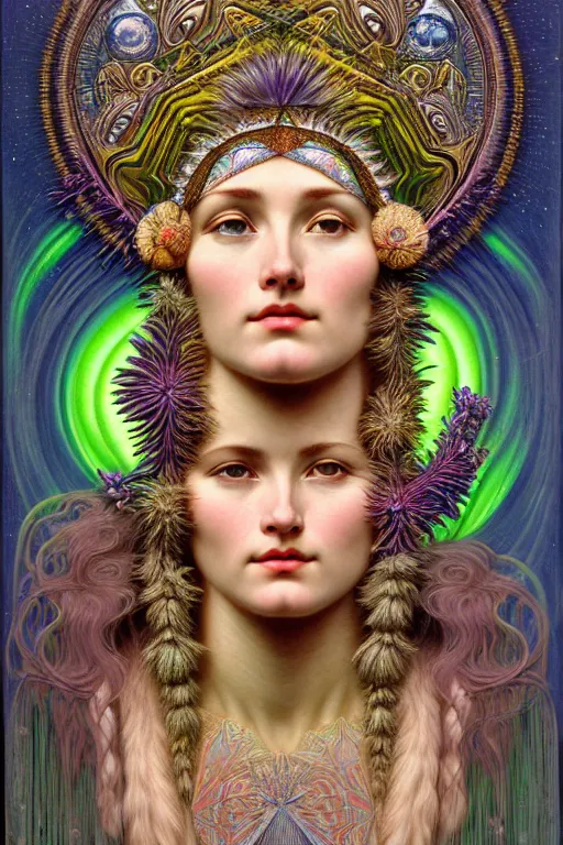 Image similar to hyperrealistic detailed face portrait of the beautiful goddess of the northern lights with an intricate headgear of a beautiful landscape, art by ernst haeckel, john william godward, android jones, alphonso mucha, h. r. giger, gothic - cyberpunk, ornamental, dimmed pastel colours,