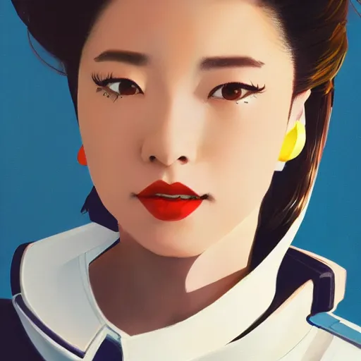 Prompt: Portrait painting Miki matsubara wearing a jacket and a collar, as an Overwatch character, medium shot, asymmetrical, profile picture, Organic Painting, sunny day, Matte Painting, bold shapes, hard edges, street art, trending on artstation, by Huang Guangjian and Gil Elvgren and Sachin Teng