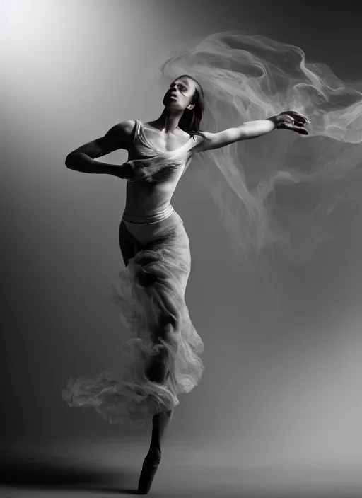 Image similar to a Photorealistic dramatic hyperrealistic render of a beautiful Female smoke dancer by Ken Brower and Deborah Ory of NYC Dance project,Lois Greenfield,Flowing cloth and smoke,Beautiful dynamic dramatic dark moody lighting,volumetric,shadows,cinematic atmosphere,Octane render,8K