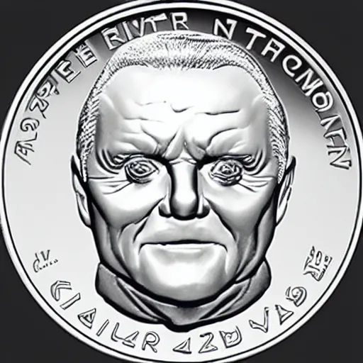 Prompt: silver coin with angry Anthony Hopkins