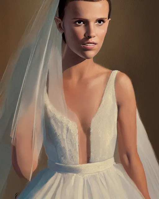 Prompt: a painting of alicia vikander or millie bobby brown in a wedding dress, highly detailed, artstation, concept art, by john jude palencar
