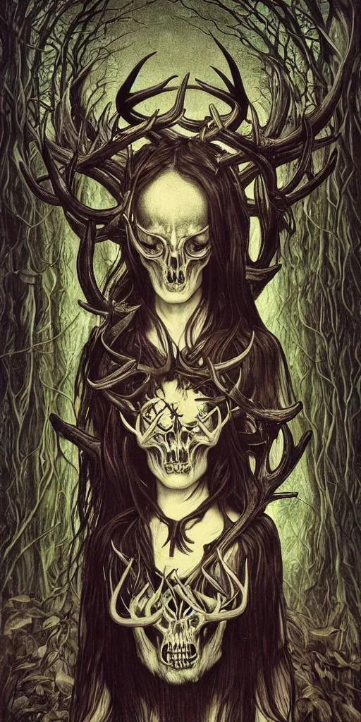 Image similar to intense bioluminescent black metal pagan god with antlers and fangs and intense glowing eyes with a bull skull in very dark forest by mark ryden and alphonse mucha, portrait, fantasy, clear, light beams, lens flare, intense, uhd, amazing depth, cinematic lighting