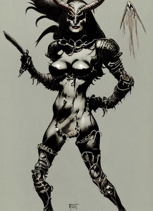Image similar to portrait of demoness warrior, black iron tiara, strong line, deep color, beautiful! coherent! by frank frazetta, minimalism