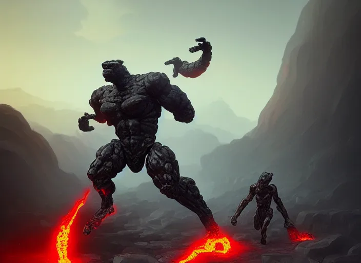 Prompt: epicly designed very muscular stone obsidian robot with human body fighting a deadly beast made from lava with background by greg rutkowski, trending on artstation