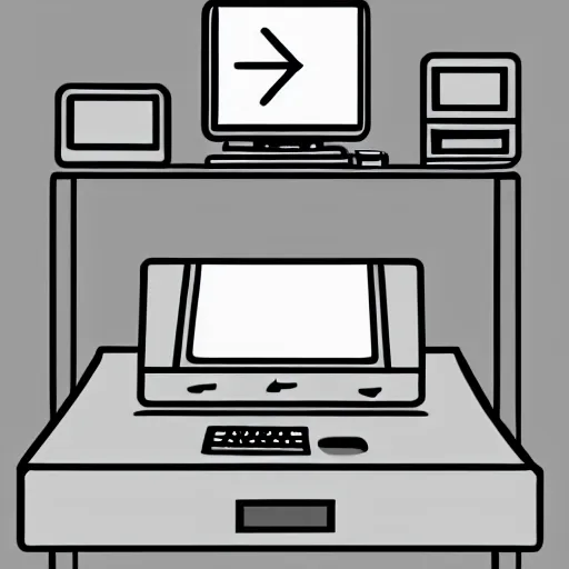 Image similar to worried humanoid fish sitting in front of a computer, black and white vector art