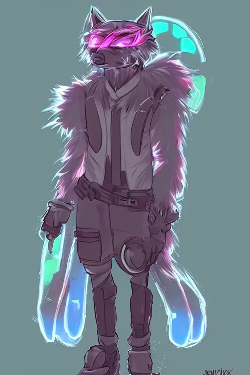 Image similar to a cyberpunk anthropomorphic wolf with a fluffy tail, comic art, trending on furaffinity, cartoon, kawaii, backlighting, furry art!!!, neon, concept art