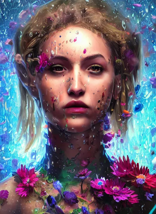 Image similar to An epic fantastic realism comic book style portrait painting of the most beautiful woman in the universe, flowers rain everywhere, fisheye lens, Apex Legends Concept Art, unreal 5, DAZ, hyperrealistic, octane render, cosplay, RPG portrait, dynamic lighting