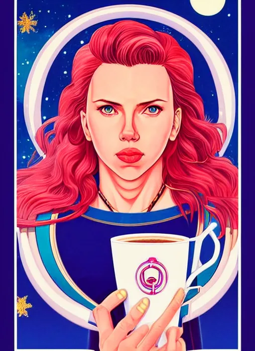 Prompt: realistic portrait of scarlett johansson as a sailor moon, making the coffee, early morning, light falling on face, futuristic, highly detailed, 8 0 - s style poster, sharp focus, illustration, art by kawase hasui,