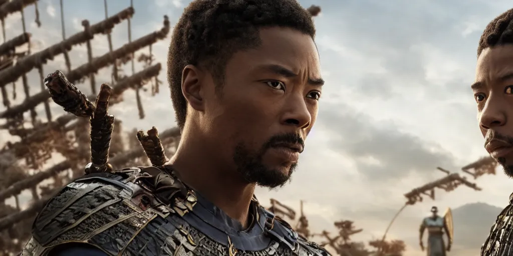 Image similar to a film still of a black man starring in a japanese blockbuster film as ancient samurai in the city of wakanda, shallow depth of field, cinematic, award winning cgi, vfx, film still