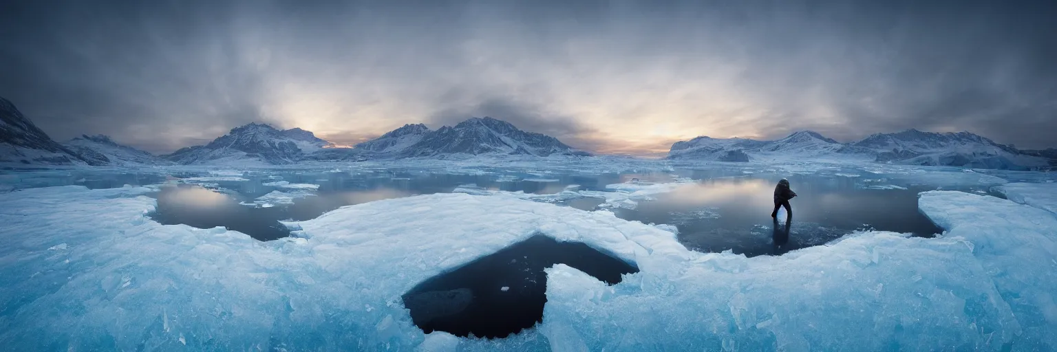 Image similar to amazing landscape photo of a Frozen Human Giant stuck under the ice transparent frozen lake at sunset by marc adamus beautiful dramatic lighting