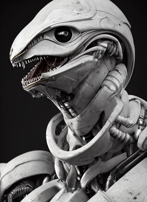 Image similar to a photorealistic dramatic hyperrealistic render of a predator the alien hunter exosuit in white bone armor, ultra realistic details, well worn by paul dave malla, cedric seaut from artstation, beautiful dramatic dark moody tones and lighting, cinematic atmosphere, studio lighting, global illumination, shadows, dark background, concept design art octane render, 8 k