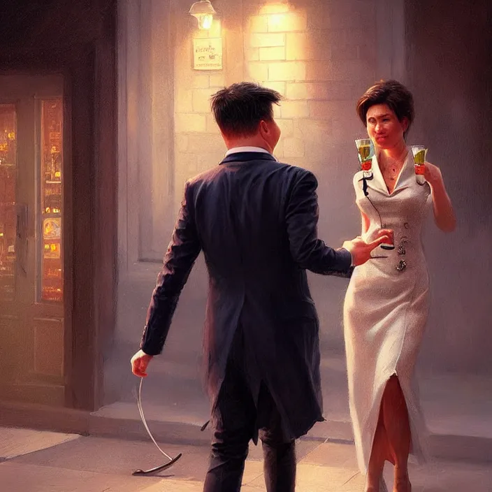 Image similar to michael mcintyre leaving a bar with with a singing waitress, elegant, real life skin, intricate artwork, high detailed, artstation, concept art, smooth, sharp focus, art by artgerm and greg rutkowski