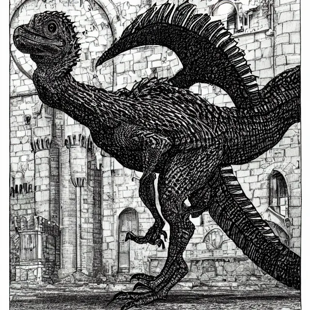 Image similar to a feathered velociraptor, full body, in a castle courtyard, pen-and-ink illustration, etching, by Russ Nicholson, DAvid A Trampier, larry elmore, 1981, HQ scan, intricate details