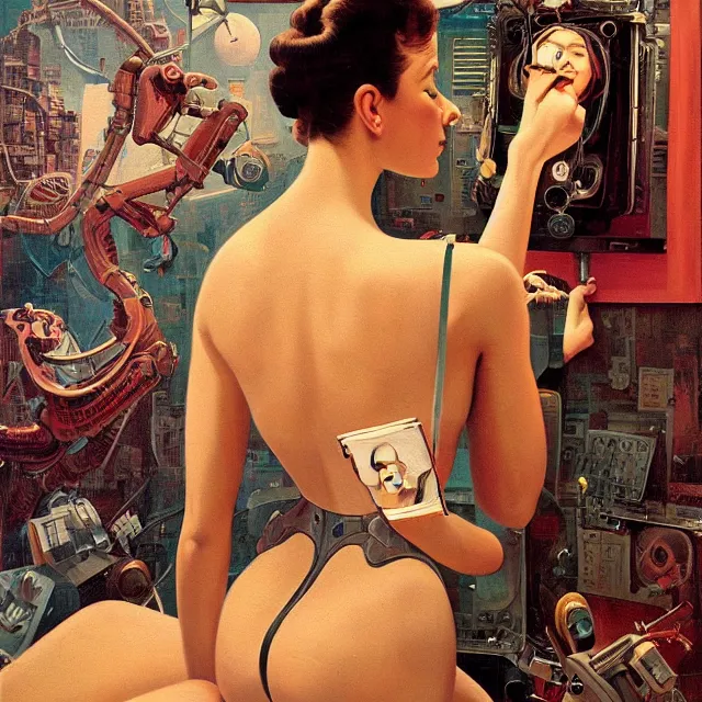 Prompt: robot artist painting a self - portrait on a canvas. intricate, highly detailed, digital matte painting in the style of gil elvgren and in the style of wayne barlowe. irony, recursion, inspiration.