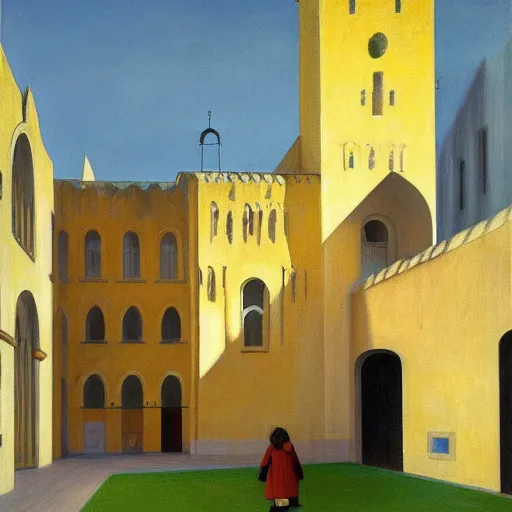 Image similar to in the distance, a little girl with short black hair and wearing a yellow coat alone in the inner courtyard of an abbey, the light is bright and wintry, painting by hopper and de chirico