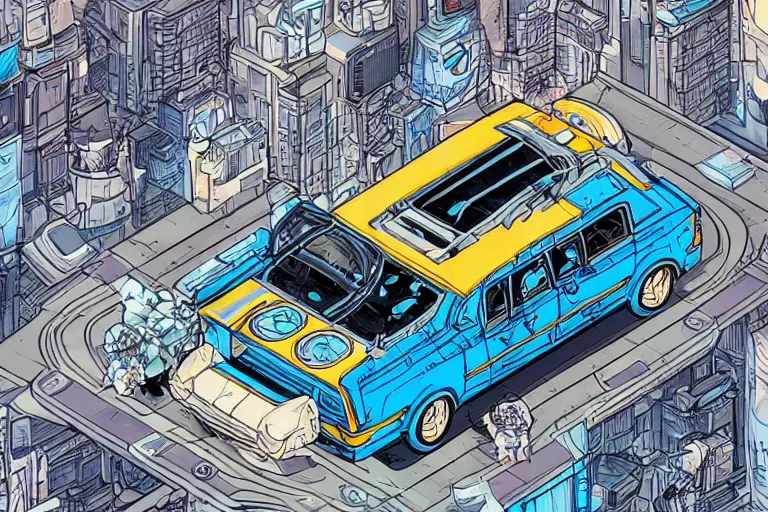Image similar to cell shaded!! Taxi cab infront of a blue background, isometric, as Borderlands 3 concept art, llustration, concept art by Laurie Greasley, highly detailed, sharp focus,alien, HQ, 4K ,art by Laurie Greasley