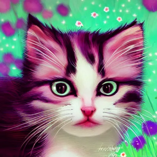 Prompt: cute kitten with pink flowers, digital art, concept art, gemmy woud binnendijk, nixeu, artgerm