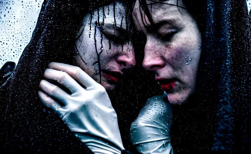 Image similar to cinestill 5 0 d candid photographic portrait by christopher nolan of two loving female androids sobbing wearing rugged black mesh techwear in treacherous waters, extreme closeup, modern cyberpunk moody emotional cinematic, pouring rain menacing lights shadows, 8 k, hd, high resolution, 3 5 mm, f / 3 2, ultra realistic faces, ex machina