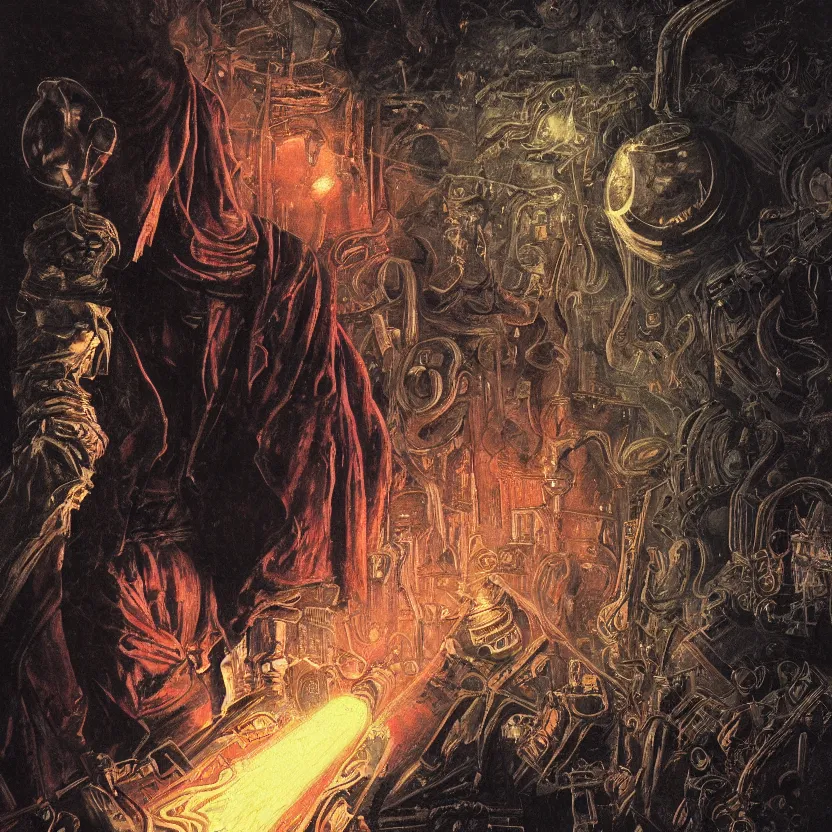 Prompt: a close - up view portrait of a silhouetted supernatural wizard in baroque neoclassicist halls with futuristic metallic technology. close - up view, detailed textures. glowing colorful fog, dark black background. highly detailed fantasy science fiction painting by moebius, norman rockwell, frank frazetta, and syd mead. rich colors, high contrast