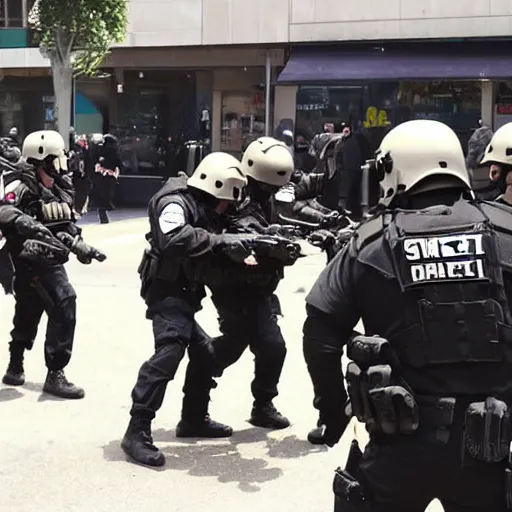 Prompt: swat team fighting each for delicious donuts.