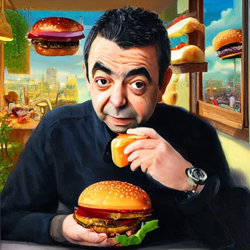 Prompt: portrait of rowan atkinson eating giant hamburgers, extra bacon lettuce and tomatoes, an oil painting by ross tran and thomas kincade