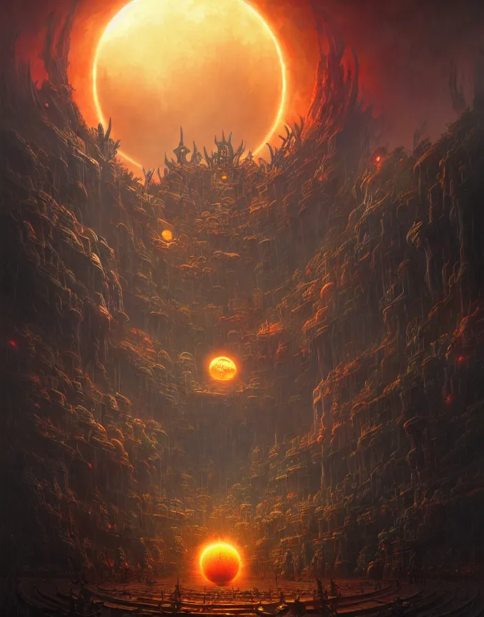 Image similar to highly detailed, intricate, stunningly beautiful matte painting of cyber hell full of demons, huge glowing sun, by shaun tan and peter mohrbacher