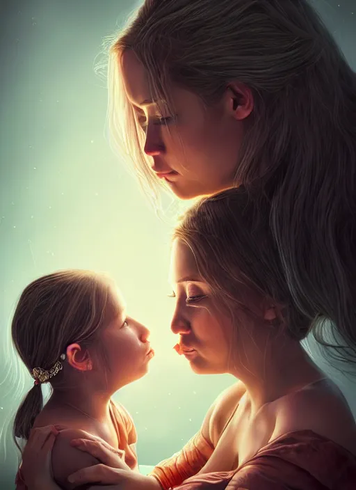 Prompt: portrait of a mother kissing her daughter's forehead, the mother and her daughter are on a battlefield. by Ciryl Rolando, hyperrealistic illustration, digital art, studio lightning, very detailed faces