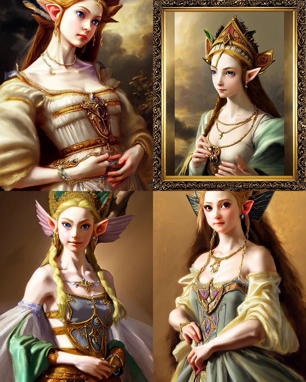 Prompt: detailed baroque painting of princess zelda, from legend of zelda, as an elegant noblewoman, highy detailed face, soft silk dress, style of pino daeni, intricate, soft lighting, beautiful art, legend of zelda, master sword