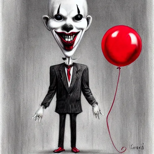 Prompt: surrealism grunge cartoon portrait sketch of slender man with a wide smile and a red balloon by - michael karcz, loony toons style, pennywise style, horror theme, detailed, elegant, intricate