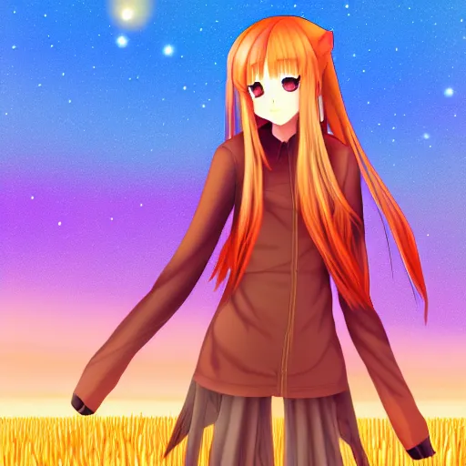 Prompt: digital illustration of Holo from Spice and Wolf standing in a wheat field at sunset, Holo is a wolf girl, high detail, trending on pixiv