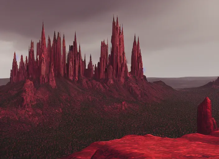 Prompt: dramatic hyperrealistic render of a gothic cathedral, made of red rock, tall spires, top of a canyon, atmospheric, moody, dark, cinematic, octane render, 8K