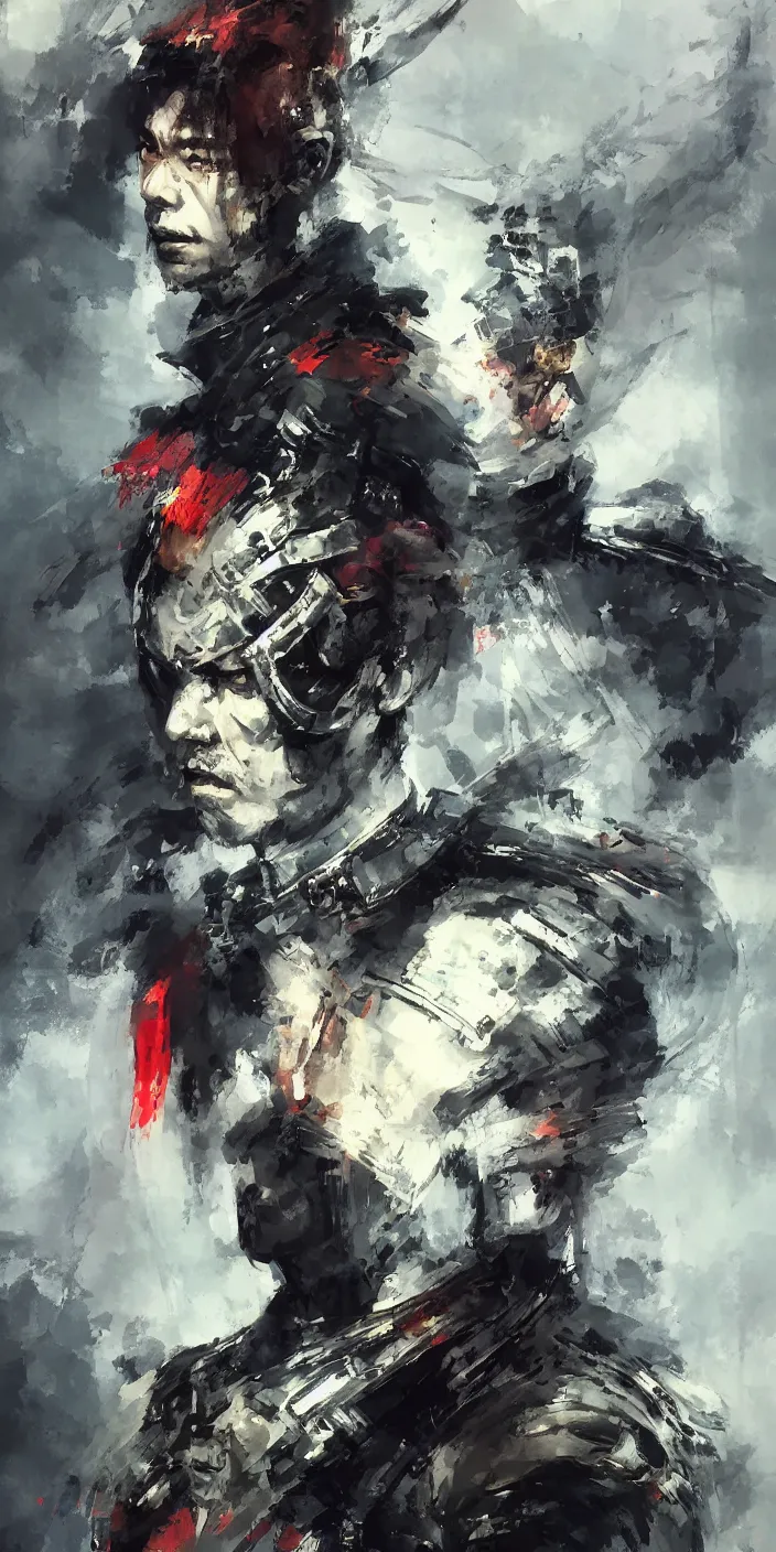 Prompt: a beautiful portrait of a chinese warrior by Yoji Shinkawa and Ruan Jia, strong lines and bold colors, limited color palette, atmosphere and tension, Japanese, trending on artstation