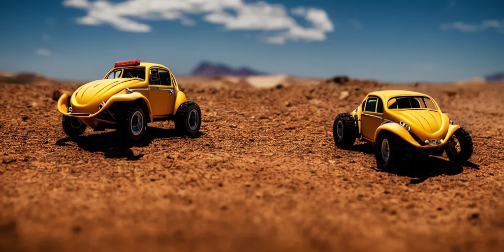 Prompt: Hot Wheels, VW BAJA BUG, trophy truck, cinematic, Maxxis, 8k, depth of field, mexican desert, bokeh, DAKAR.