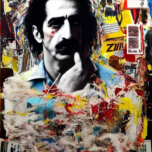 Image similar to hyperrealistic, photorealistic, mixed media oil painting of frank zappa, magazine scraps, plaster, blood, oil, mustard, splatter, greg rutkowski, basquiat, ralph steadman, wesley kimler, terry gilliam, andy warhol, dali