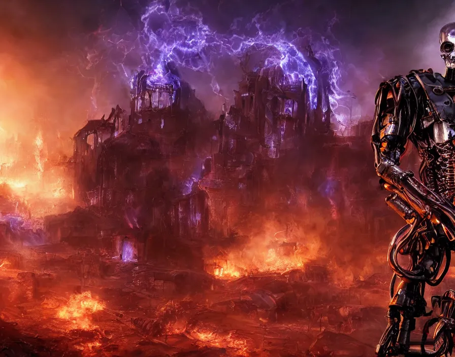 Image similar to terminator purple flaming skull, destroyed town on background, fantasy artwork, very beautiful scenery, hd, hdr, ue 5, ue 6, unreal engine 5, cinematic 4 k wallpaper, 8 k, ultra detailed, by popular digital, details, beautiful image ever created, high resolution, artstation, award winning, detailed body, details face, realistic body proportions