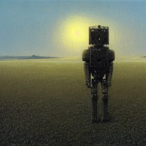 Image similar to a mech suit standing in a field at sunset by Beksinski