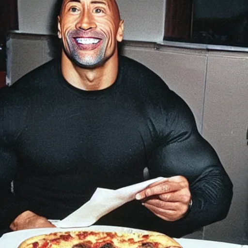 Image similar to dwayne johnson eating at a pizza hut in the 1 9 9 0 s. he is holding up a book - it paper.
